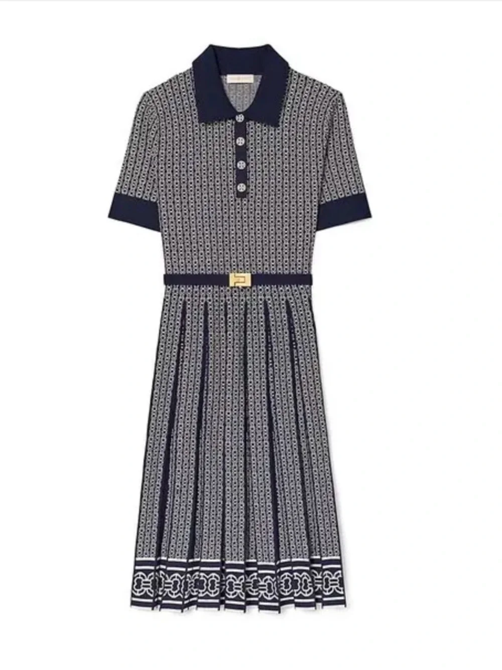 NWOT Tory Burch Gemini Link Jacquard Dress In Classic Ivory Tory Navy. Size L